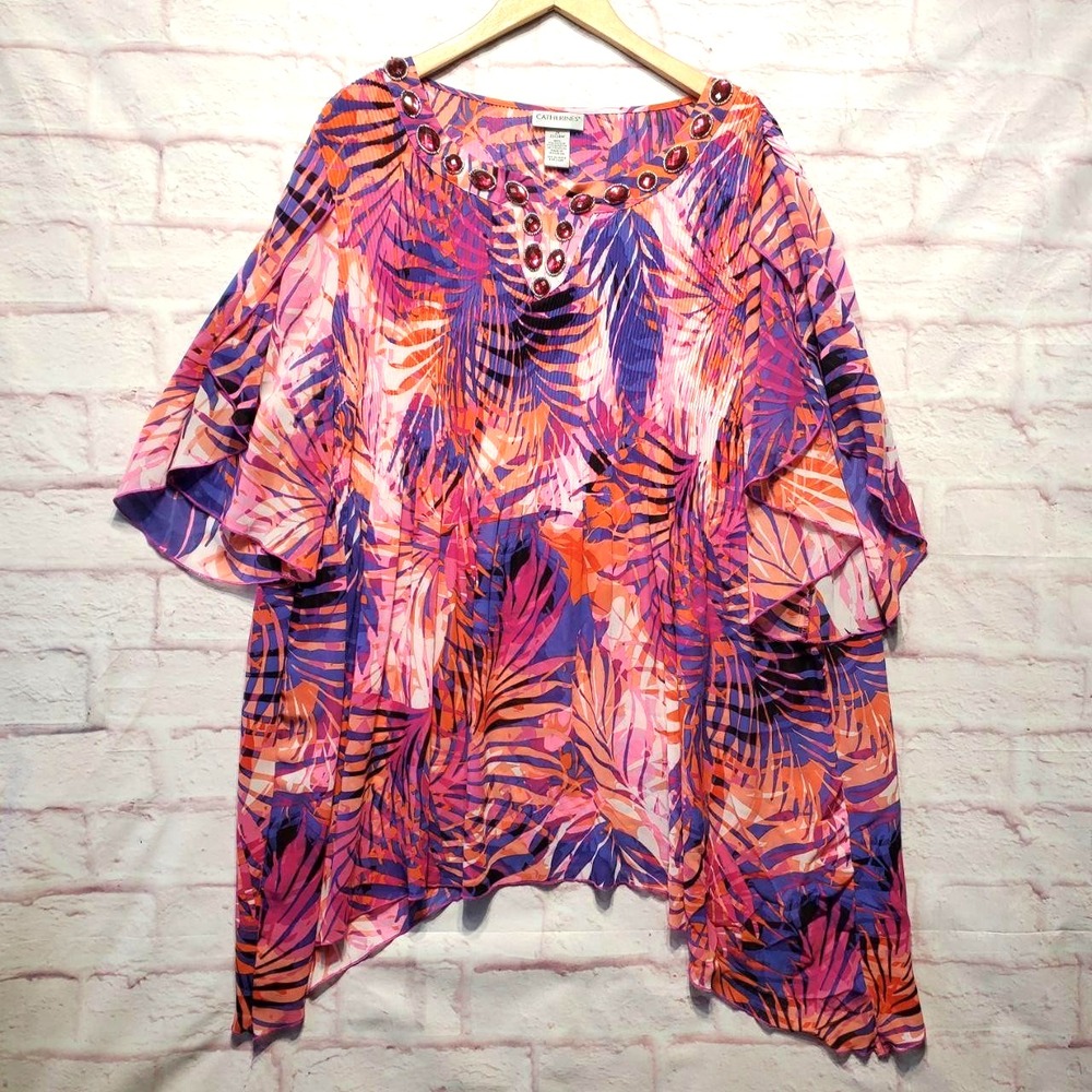 Catherines Tunic Top Womens 2X Pink Purple Palm Print Rhinestone Resortwear Boho